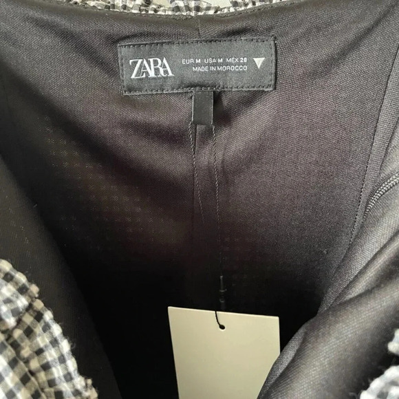 Zara Box Pleat Gingham Straight Neck  Ruffle Mini Dress NWT Black White Medium - Picture 9 of 10